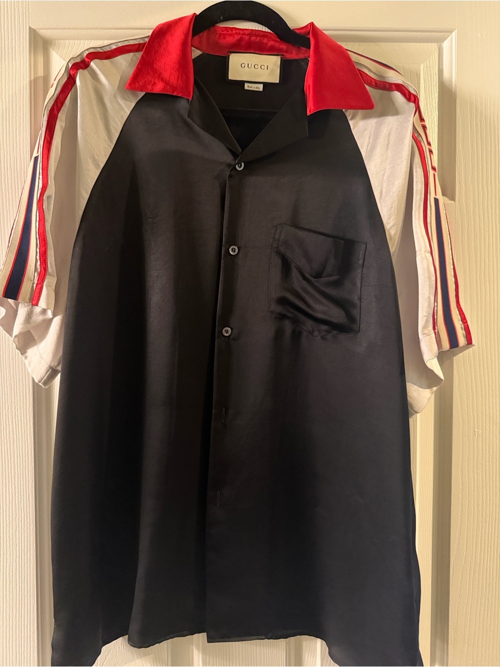 Gucci Black Silk Short-Sleeve Shirt with Red Collar and White Sleeves